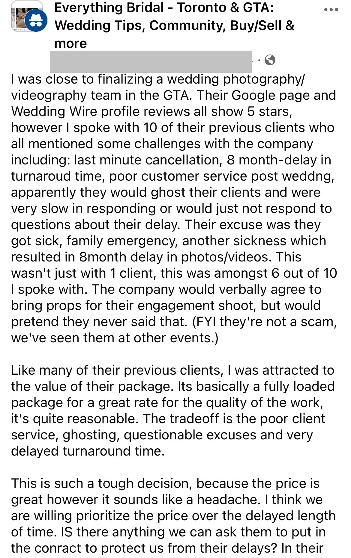 Wedding vendor complaint